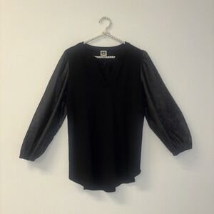 Anne Klein Womens Black Perforated Faux Leather Sleeve V-Neck Knit Top Sz Large